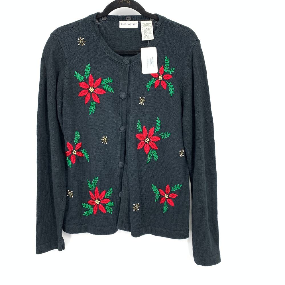 White Stag Cardigan Womens M Black Poinsettia Embroidered Holiday Christmas VTG